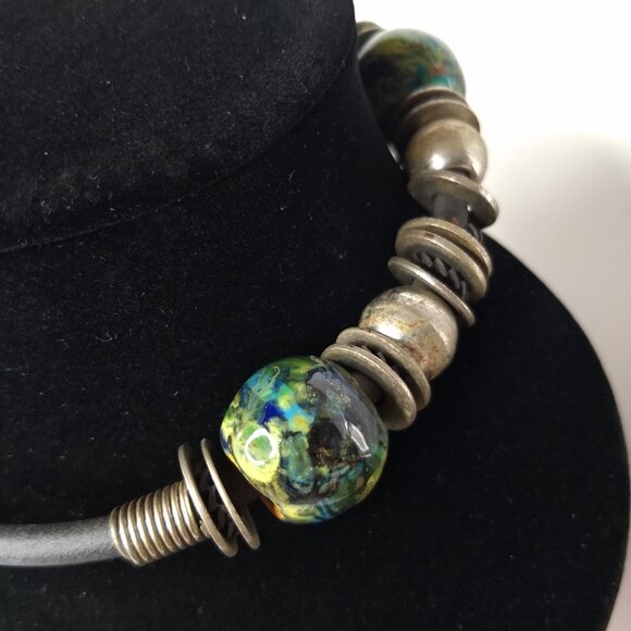 Steampunk Glass Bead Choker Necklace Art to Wear Bold Statement Unique Fun - Picture 7 of 8